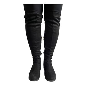 Women’s Black Over The Knee Boots Faux Suede Thigh High Low Heel Shoes Size 6